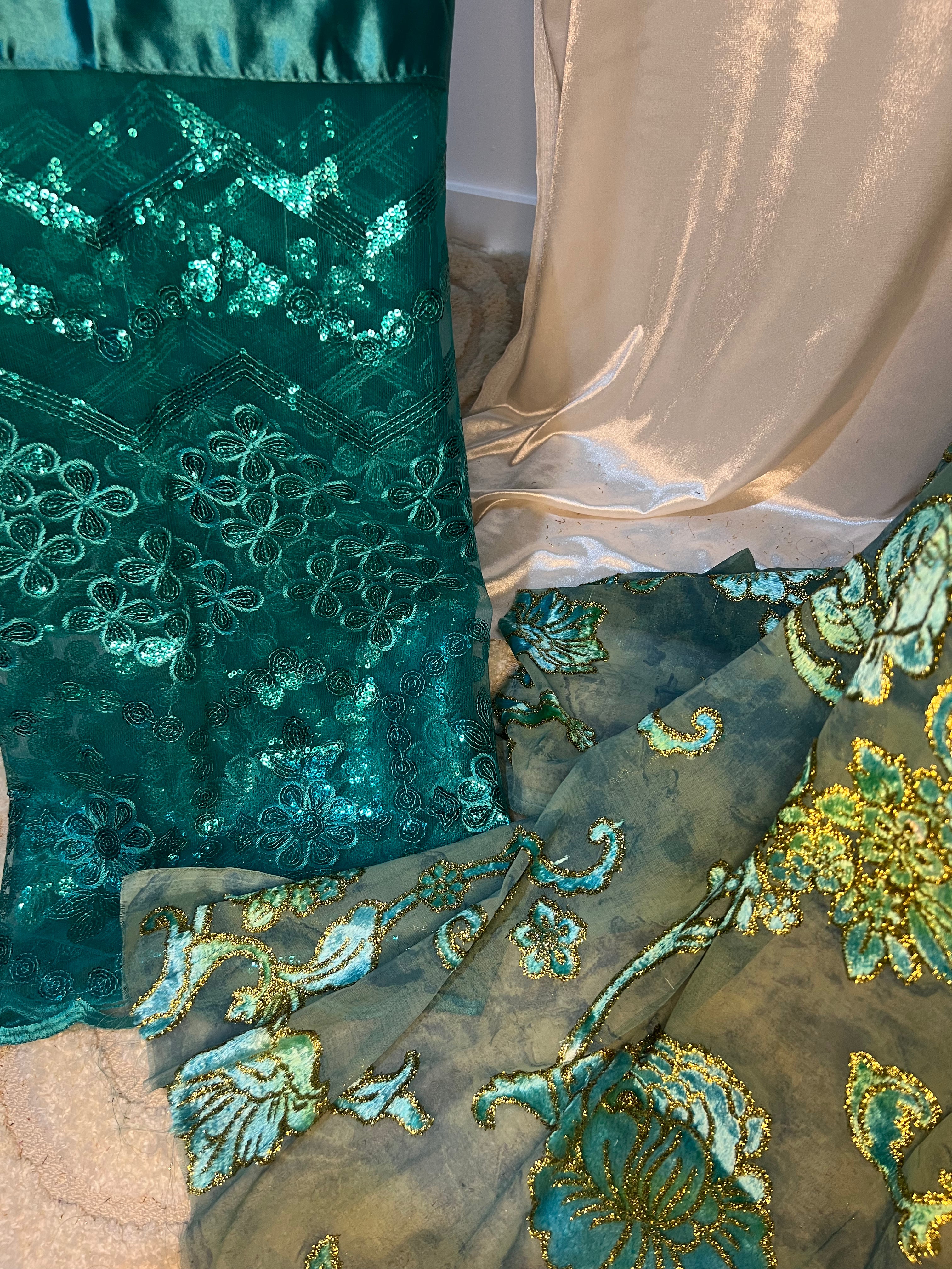 Premium Rich Turquoise and Gold Floral Vine - Maqbal Dirac
