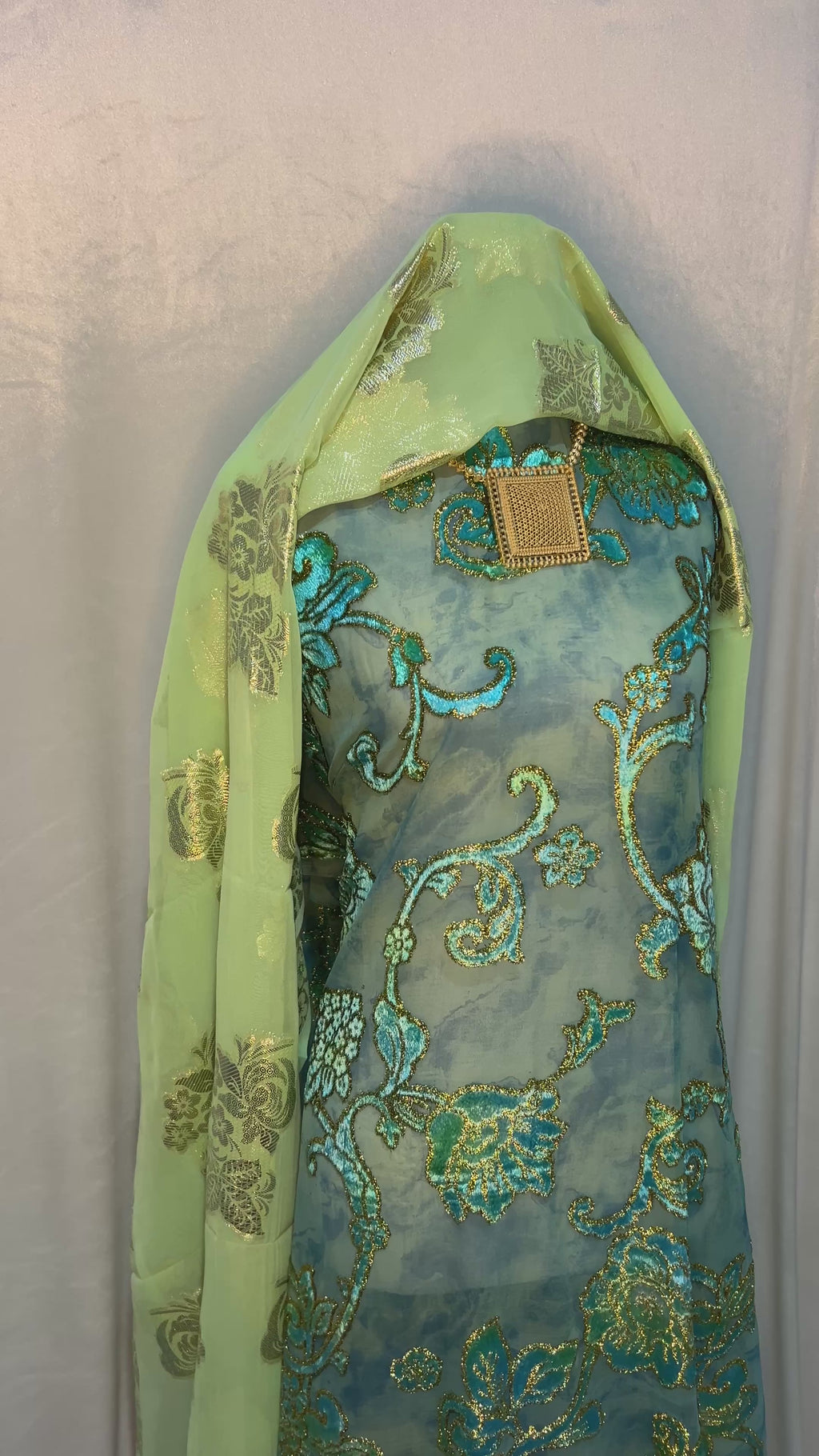 Premium Rich Turquoise and Gold Floral Vine - Maqbal Dirac