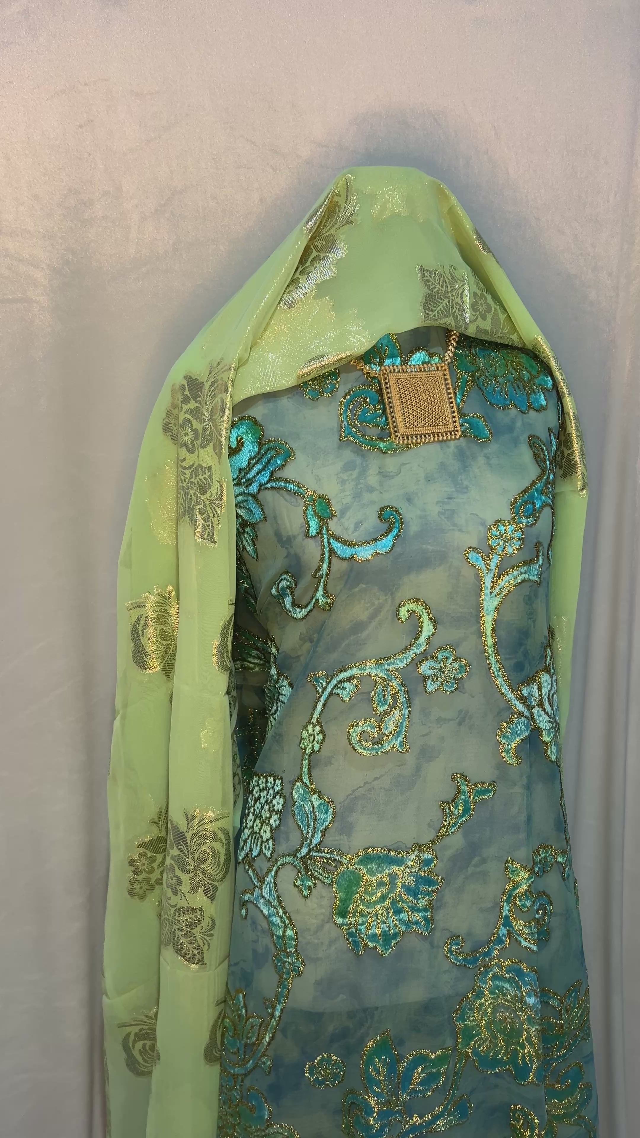 Premium Rich Turquoise and Gold Floral Vine - Maqbal Dirac